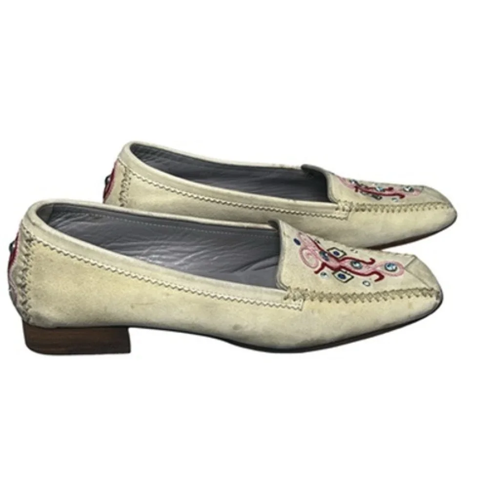 Bruno Magli Shoes Womens EU 36 Beige Suede Loafers‎ Flats Embroidered Rhinestone